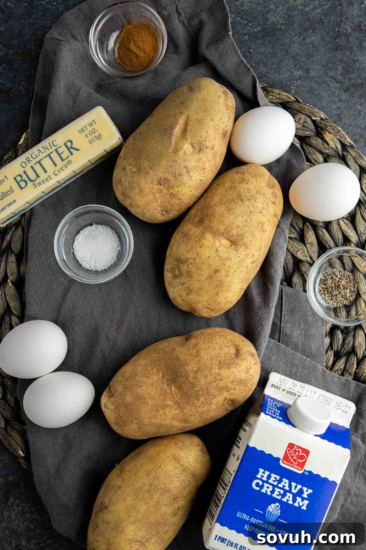 Ingredients for Duchess Potatoes: Russet potatoes, egg yolks, butter, heavy cream, salt, pepper, nutmeg, milk