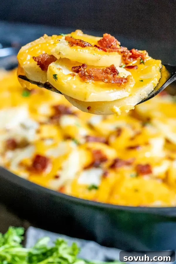 easy make ahead holiday side dish of Loaded Au Gratin Potatoes