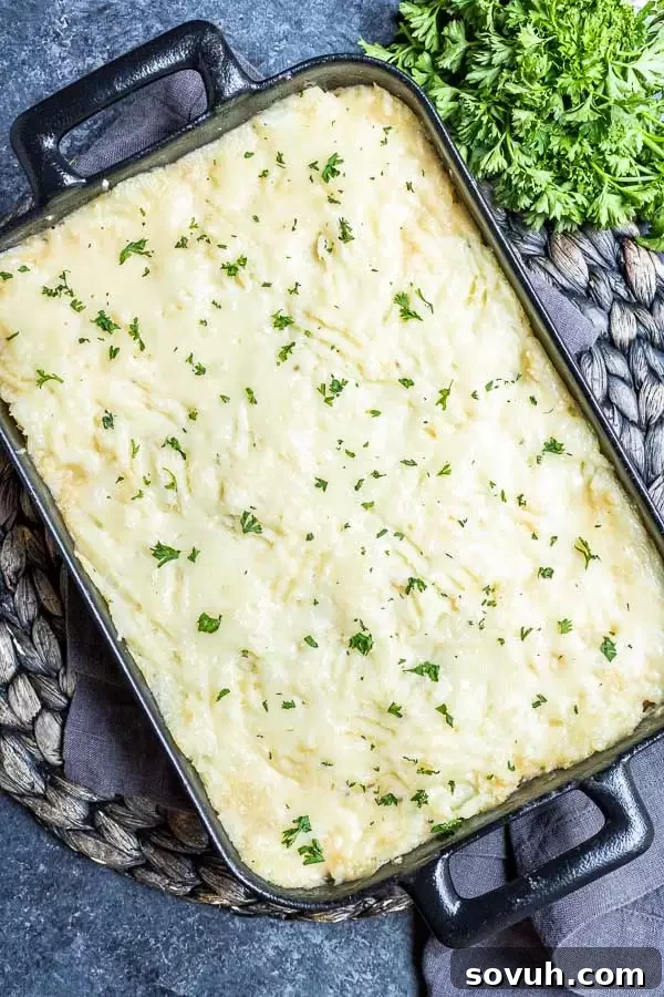 Hearty Turkey Shepherd’s Pie baked to perfection in a casserole dish