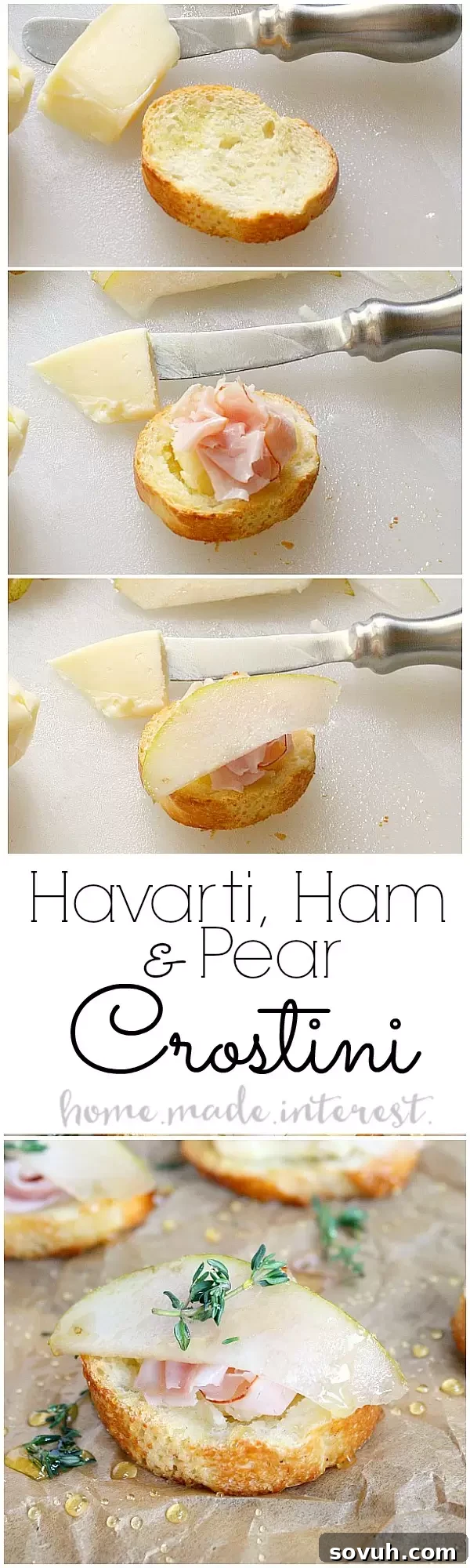 A beautifully arranged platter of Havarti, Ham, and Pear Crostini, showcasing the vibrant colors and appealing layers of cheese, ham, and pear on golden toast, ready for serving.