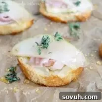 Finished Havarti, Ham, and Pear Crostini appetizer