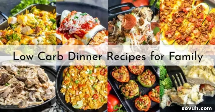 Smart Carbs for Happy Families 2 A vibrant collage of various low-carb dinner recipes for families, featuring a mix of meats, colorful vegetables, and rich sauces. The central text reads: "Low Carb Dinner Recipes for Family".