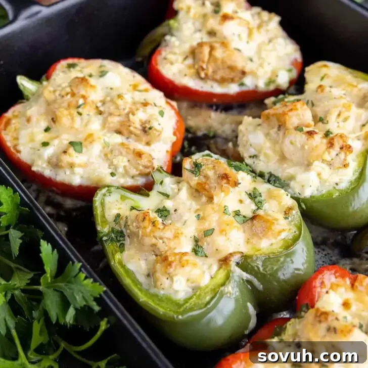 A black baking dish containing stuffed bell peppers with a creamy, cheese-covered Alfredo filling, generously garnished with chopped fresh herbs and parsley.
