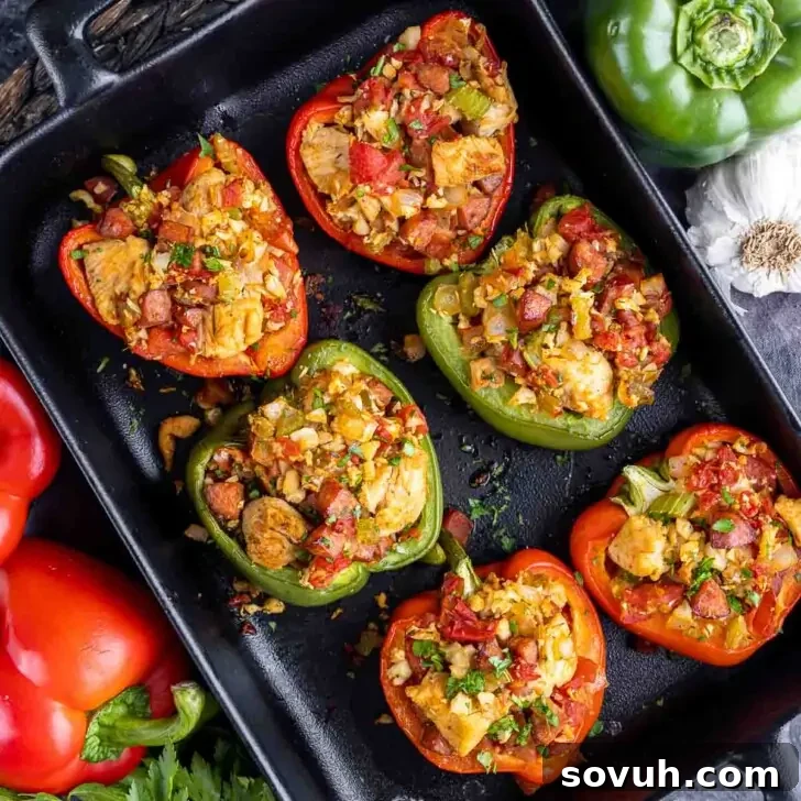 A baking tray showcasing six vibrant stuffed bell peppers, generously filled with a flavorful mixture of vegetables, cauliflower rice, and chicken sausage. Uncooked bell peppers and garlic cloves are arranged around the tray.