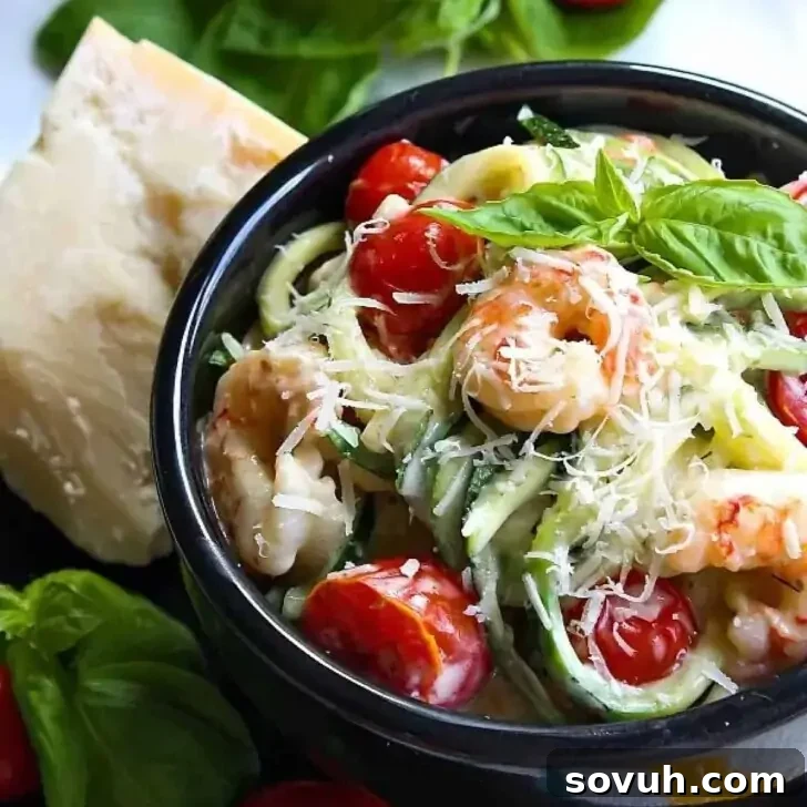A black bowl holding a vibrant shrimp and zoodle (zucchini noodles) Alfredo, garnished with bright cherry tomatoes, shredded cheese, and a fresh basil leaf. A piece of Parmesan cheese and more basil leaves are on the side.