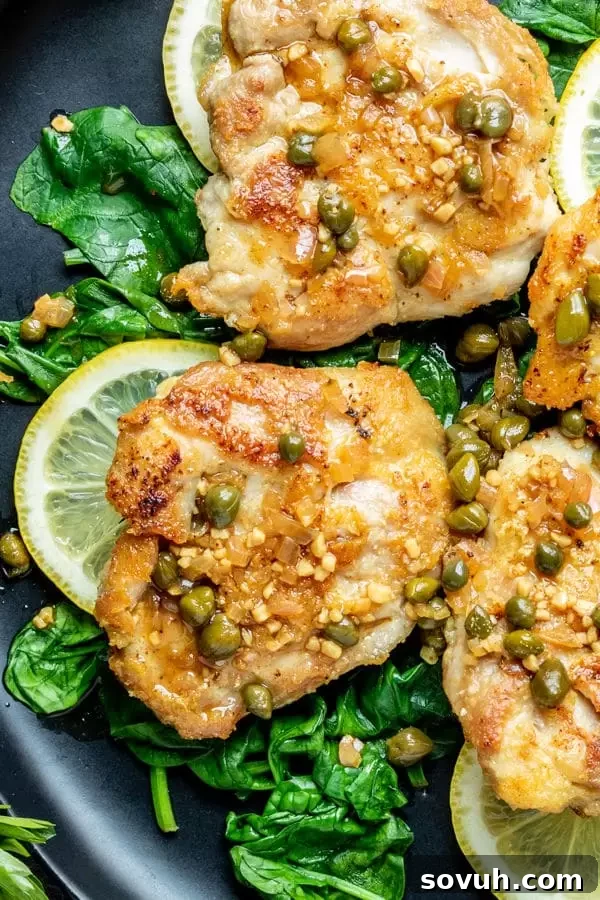 Close-up of Keto Chicken Piccata with chicken thighs perfectly coated in Parmesan crust, drenched in a creamy lemon-caper sauce, on a bed of spinach.