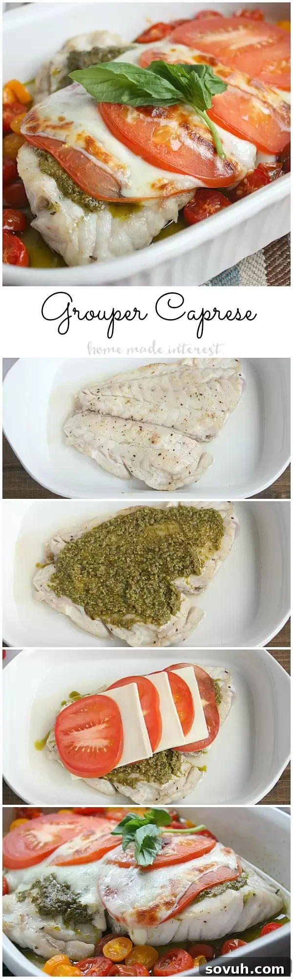 Delicious Grouper Caprese, a simple seafood recipe with fresh tomatoes, pesto, and mozzarella. Ideal for Lent, healthy, low carb, and gluten-free.