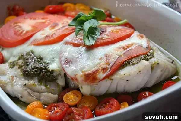 Close-up of Grouper Caprese, a healthy and easy fish recipe with fresh ingredients.
