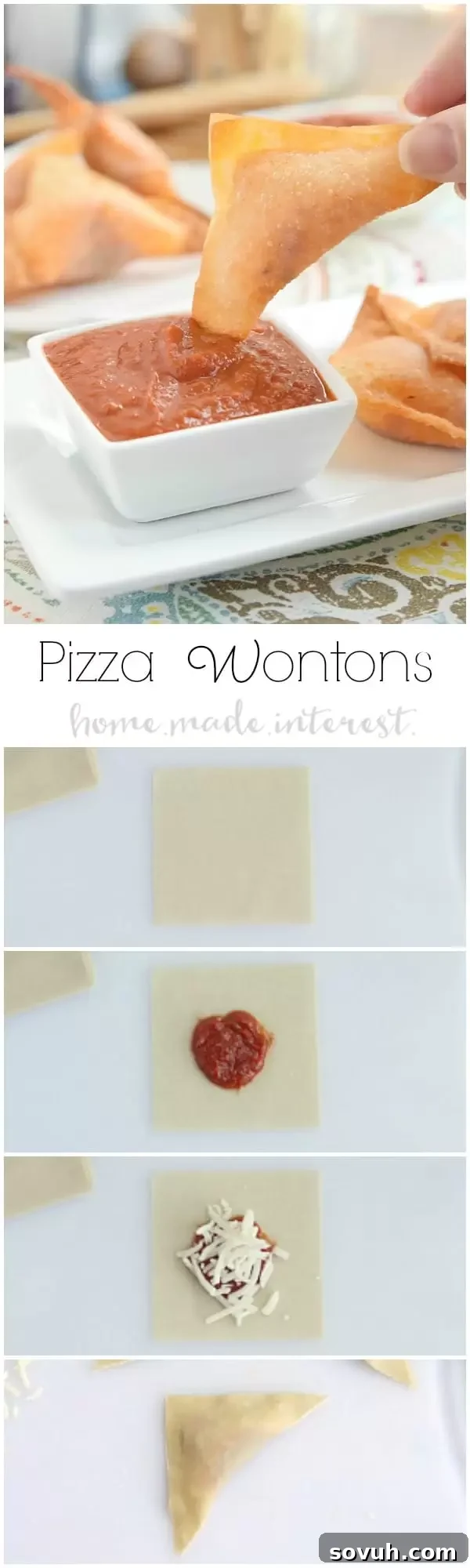 Crispy Pizza Wontons 2 These Pizza Wontons are a fun pizza snack for kids of all ages. Everyone will love this crunchy wonton filled with pizza sauce, cheese, and pepperonis!