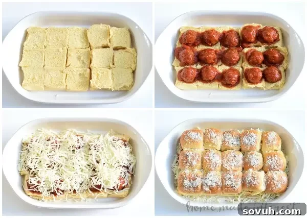 Step-by-step process of assembling Meatball Sliders in a baking dish.