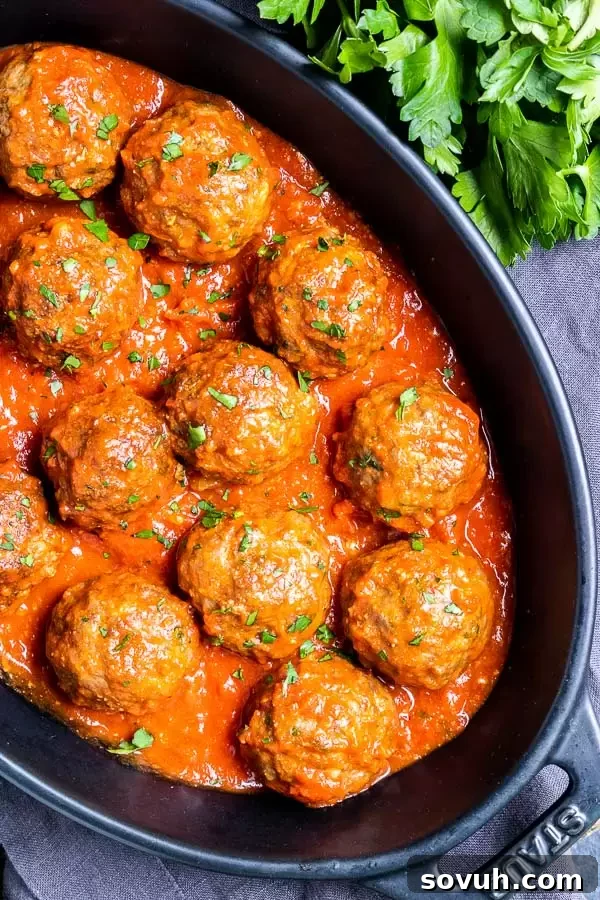 Delicious Air Fryer Meatballs in a serving dish with marinara sauce, garnished with fresh basil.