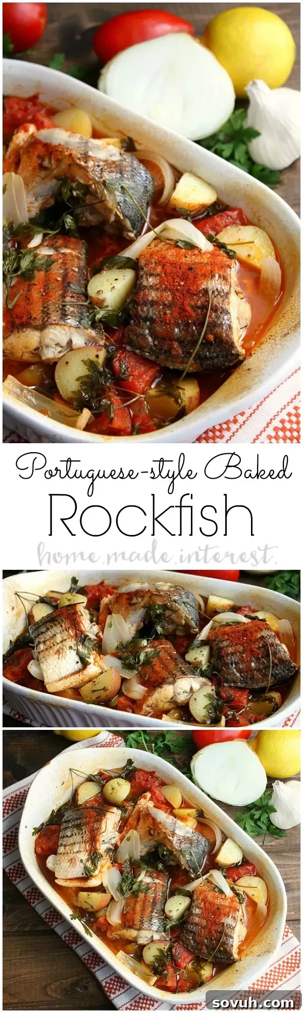 A beautifully baked Portuguese-style Rockfish, garnished with fresh parsley and lemon wedges. Tomatoes, onions, and potatoes are visible, all bathed in savory juices. This healthy, low-calorie, low-carb, and low-fat baked rockfish recipe is perfect for a delicious family meal.