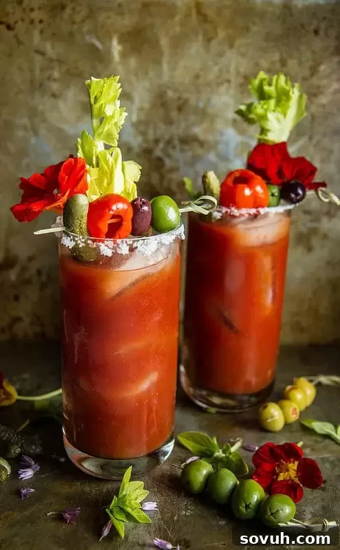 A smoky Roasted Red Pepper Bloody Mary, beautifully garnished with fresh herbs and a lemon slice.