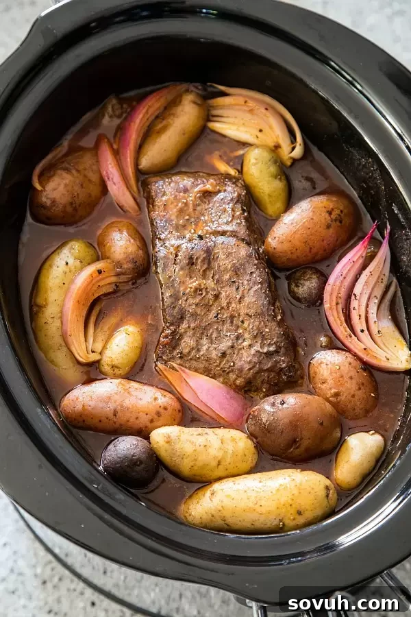 Tender Slow Cooker Bloody Mary Pot Roast, braised to perfection with aromatic vegetables.