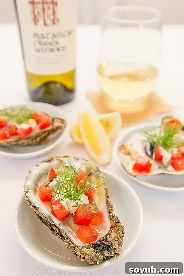 Elegant Bloody Mary Oysters on the half shell, presented beautifully for a sophisticated event.