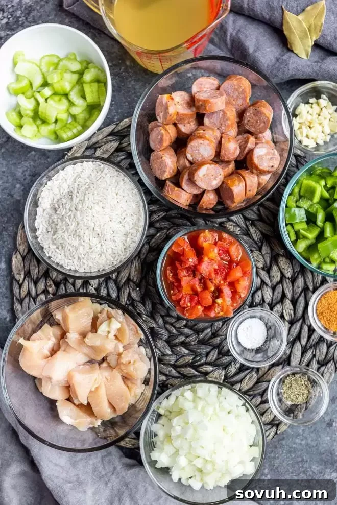 Detailed step-by-step instructions on how to make Instant Pot Jambalaya, showing ingredients being added to the pot.