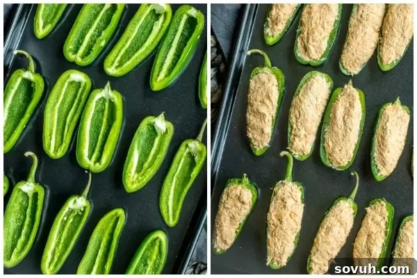 Step-by-step collage showing how to prepare Buffalo Chicken Jalapeno Poppers