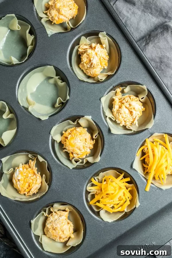 Step-by-step process for making Buffalo Chicken Cups