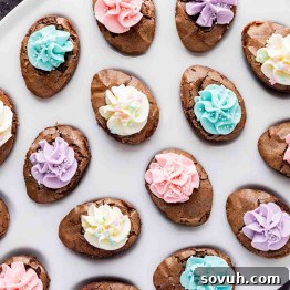Oval-shaped chocolate cookies topped with pastel-colored flower-shaped frosting are arranged on a white plate.