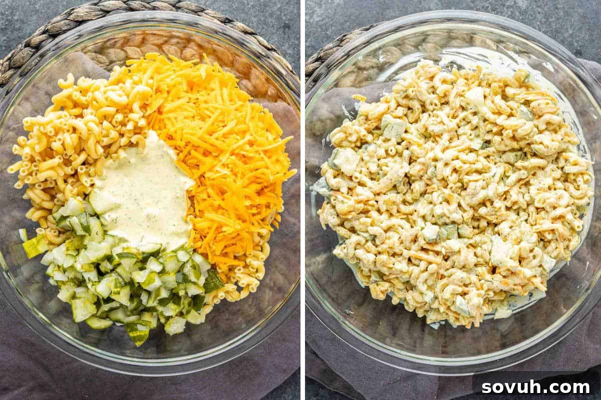 Quick and Zesty Dill Pickle Pasta Salad 4 Two clear glass bowls showcase the transformation of Dill Pickle Pasta Salad. The left bowl contains separated ingredients: cooked elbow pasta, shredded cheddar, and chopped dill pickles, alongside a small ramekin of creamy dill pickle juice dressing. The right bowl features the fully mixed, creamy pasta salad, perfectly blended and ready to serve, illustrating the ease of this make-ahead recipe.