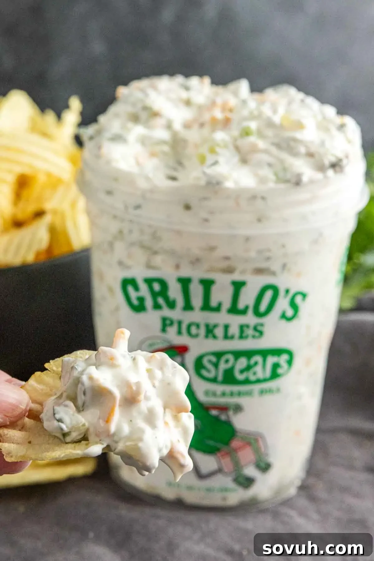Your New Obsession: The Viral Pickle Dip Recipe 5 A potato chip is dipped into a creamy Viral Pickle Dip inside a Grillo's Pickles spears container, with potato chips in a bowl in the background.