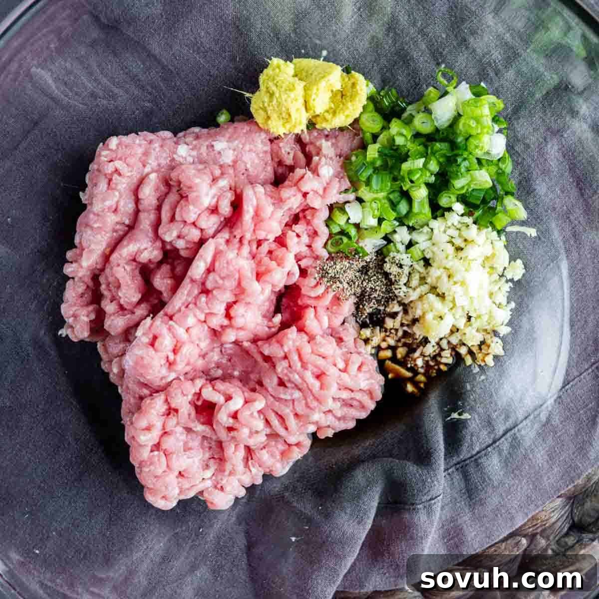 Viral Wonton Lasagna Twist 4 Raw ground meat, chopped green onions, minced garlic, seasonings, soy sauce, and grated ginger combined in a glass mixing bowl—perfect for assembling a flavorful pork dumpling casserole or trying the viral dumpling lasagna trend.