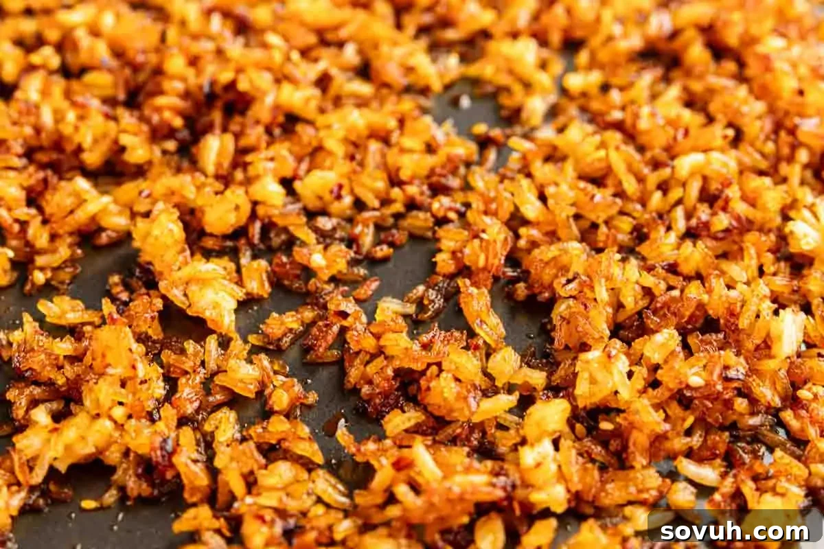 Close-up of golden-brown, TikTok crispy rice scattered on a dark surface, highlighting its crunchy texture and seasoning.