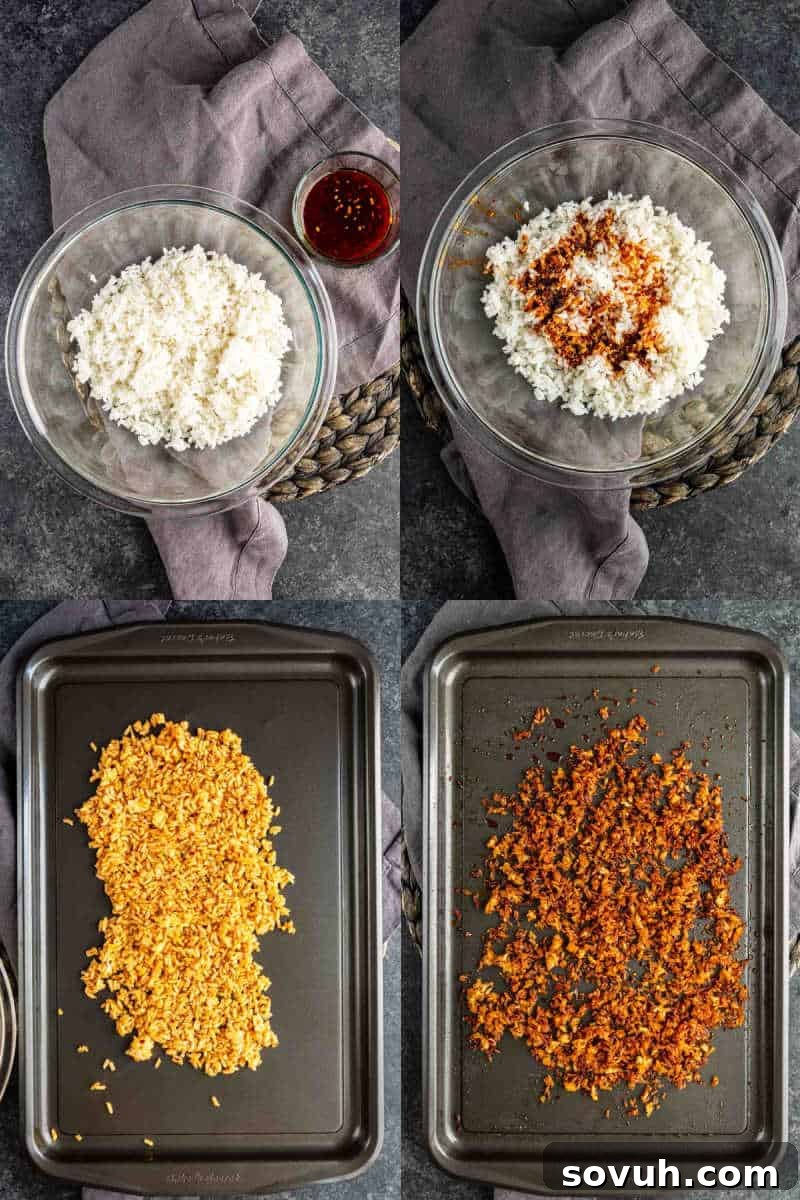 Four-step process of making baked crispy rice: mixing white rice with sauce in a bowl, spreading the mixture on a baking sheet, and baking it until golden and crispy—a must-try crispy rice recipe inspired by TikTok crispy rice trends.