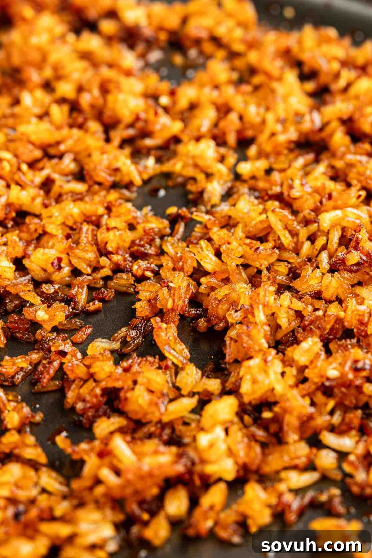 Close-up of golden brown, crispy rice spread out on a dark surface, showcasing the perfect texture achieved by the trending TikTok crispy rice recipe.