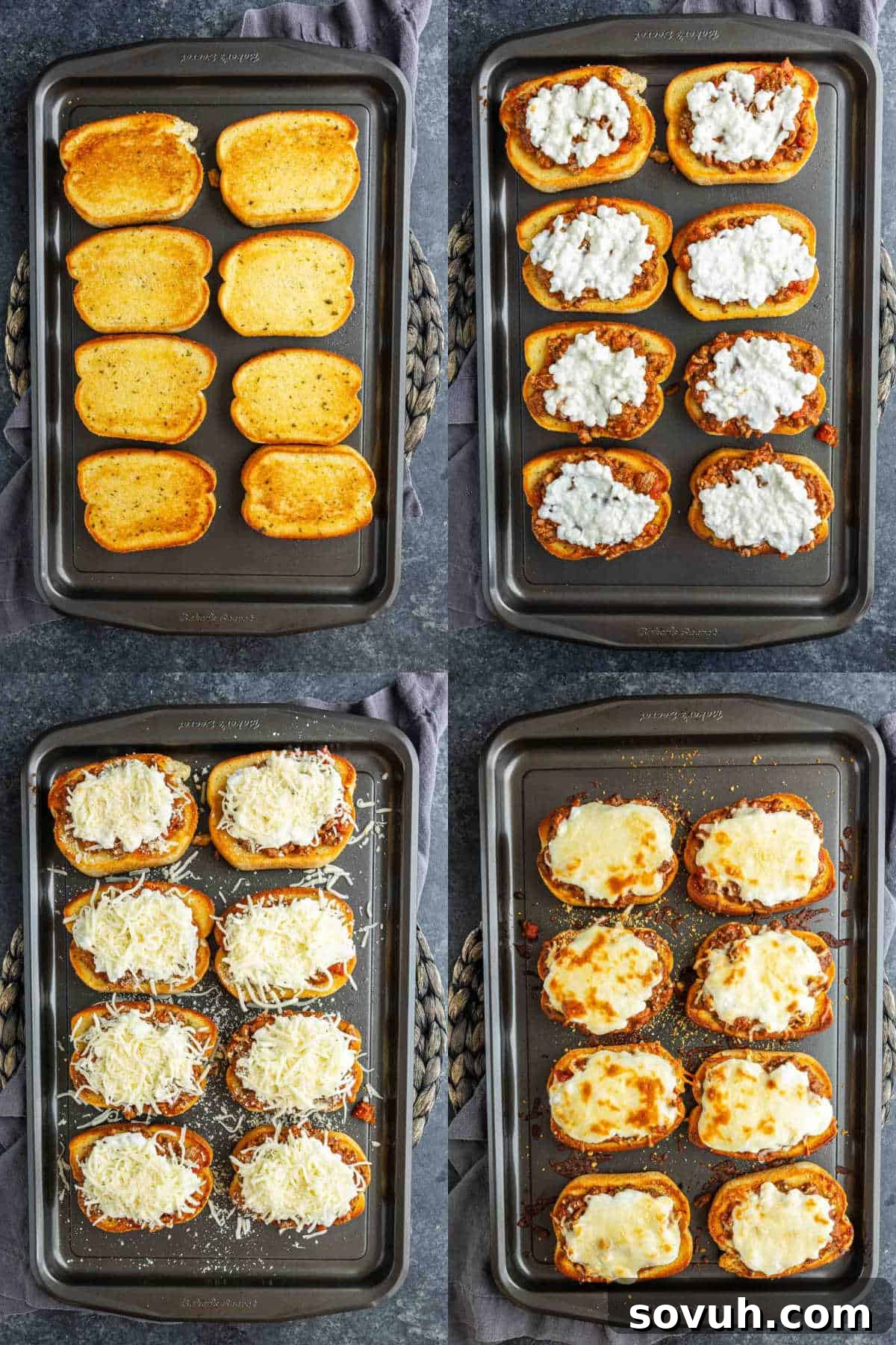 Texas Toast Garlic Bread Lasagna Recipe: Cheesy Weeknight Dinner 4 Four stages of preparing easy Garlic Bread Lasagna toasts on a baking sheet: toasted bread, meat and ricotta layers, shredded cheese added, and finished toasts with melted cheese.