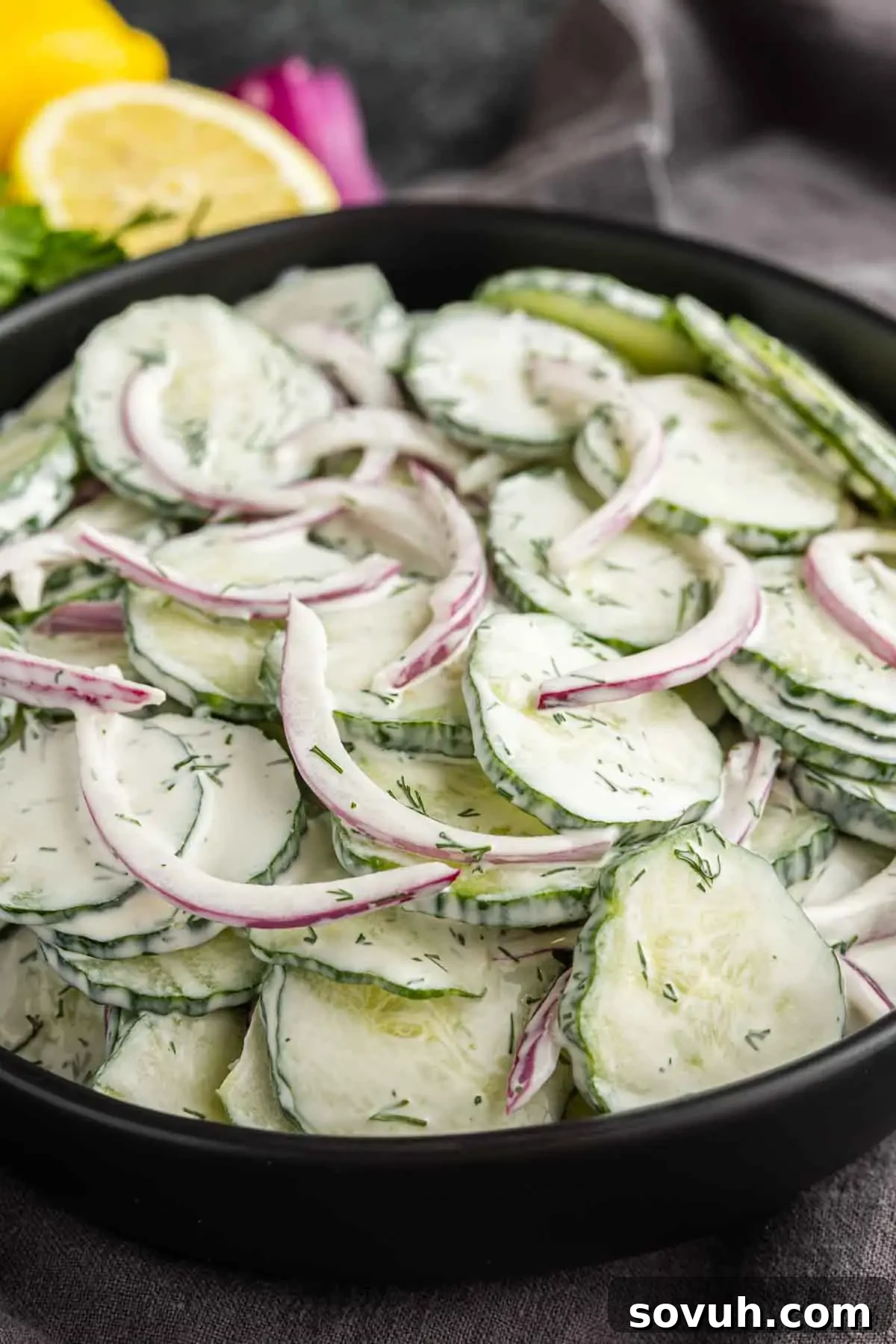 Creamy Summer Cucumber Salad with Dill and Yogurt 9 A black bowl filled with creamy cucumber salad, featuring sliced cucumbers, red onion, and fresh dill coated in a rich dressing.