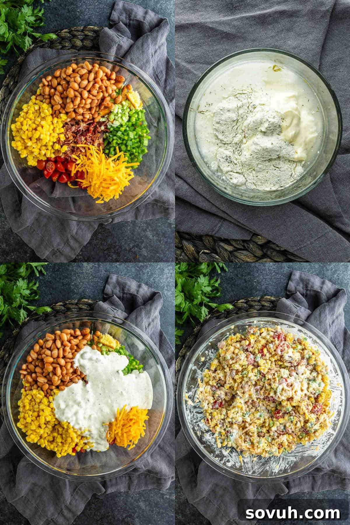 Southern Cornbread Salad Recipe for Potlucks and BBQs 4 Four images show the process of making a Southern Cornbread Salad: assembling ingredients in a bowl, mixing a creamy ranch dressing, adding dressing to the salad, and the final mixed cornbread salad ready as a Southern potluck side dish.
