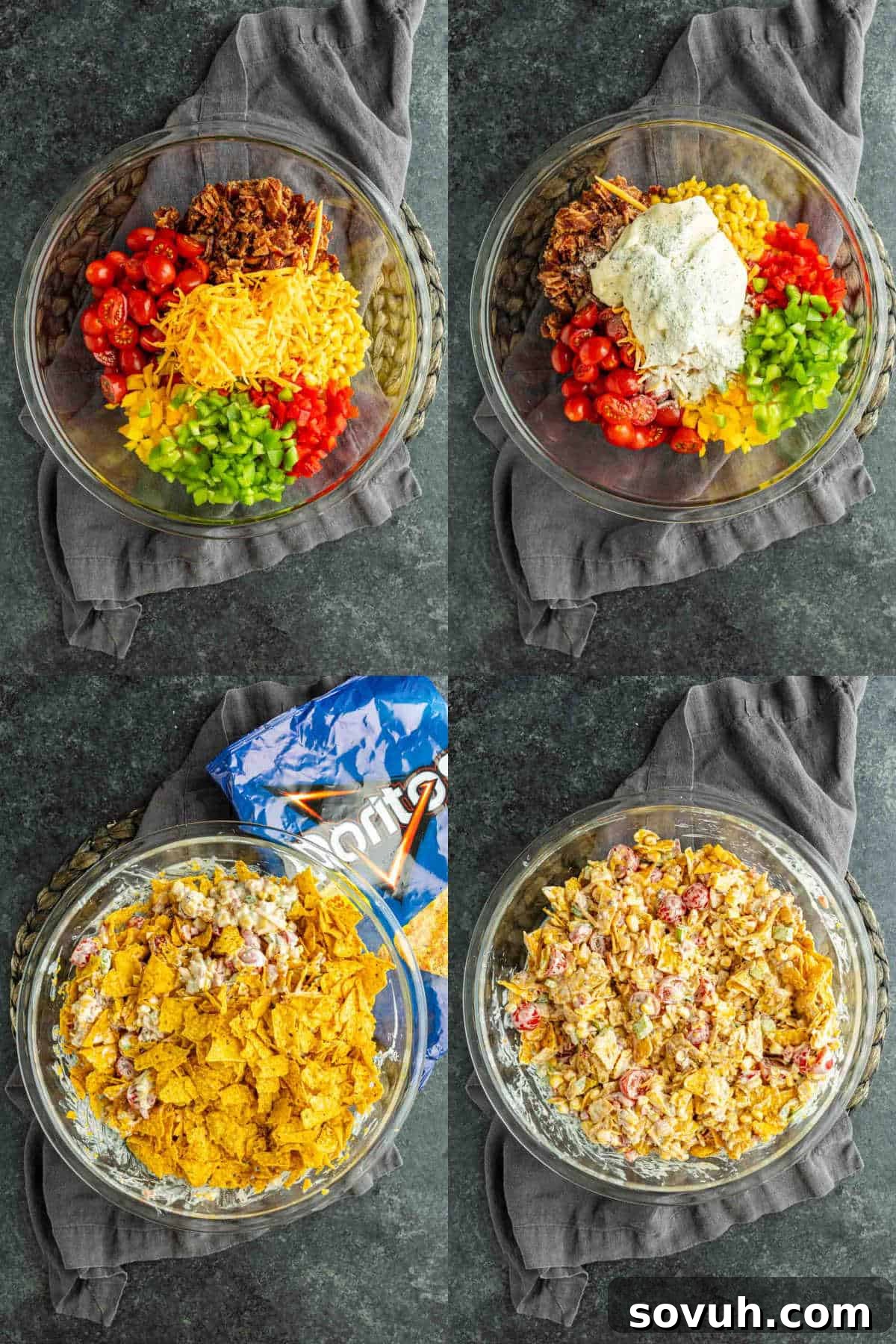 Crunchy Cool Ranch Doritos Salad with Bacon & Sweet Corn 4 Four-step process of making a Cool Ranch Doritos Salad: ingredients in a bowl, addition of dressing, crumbled Cool Ranch Doritos added, and the final mixed salad.