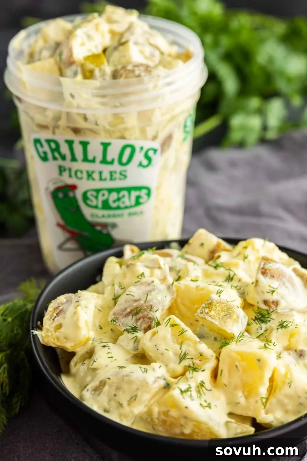 Creamy Dill Pickle Potato Salad with Tangy Dressing 4 A black bowl of creamy dill pickle potato salad, garnished with fresh dill, sits in front of an open container of Grillo’s Pickles Spears—an irresistible make-ahead potato salad perfect for any gathering.