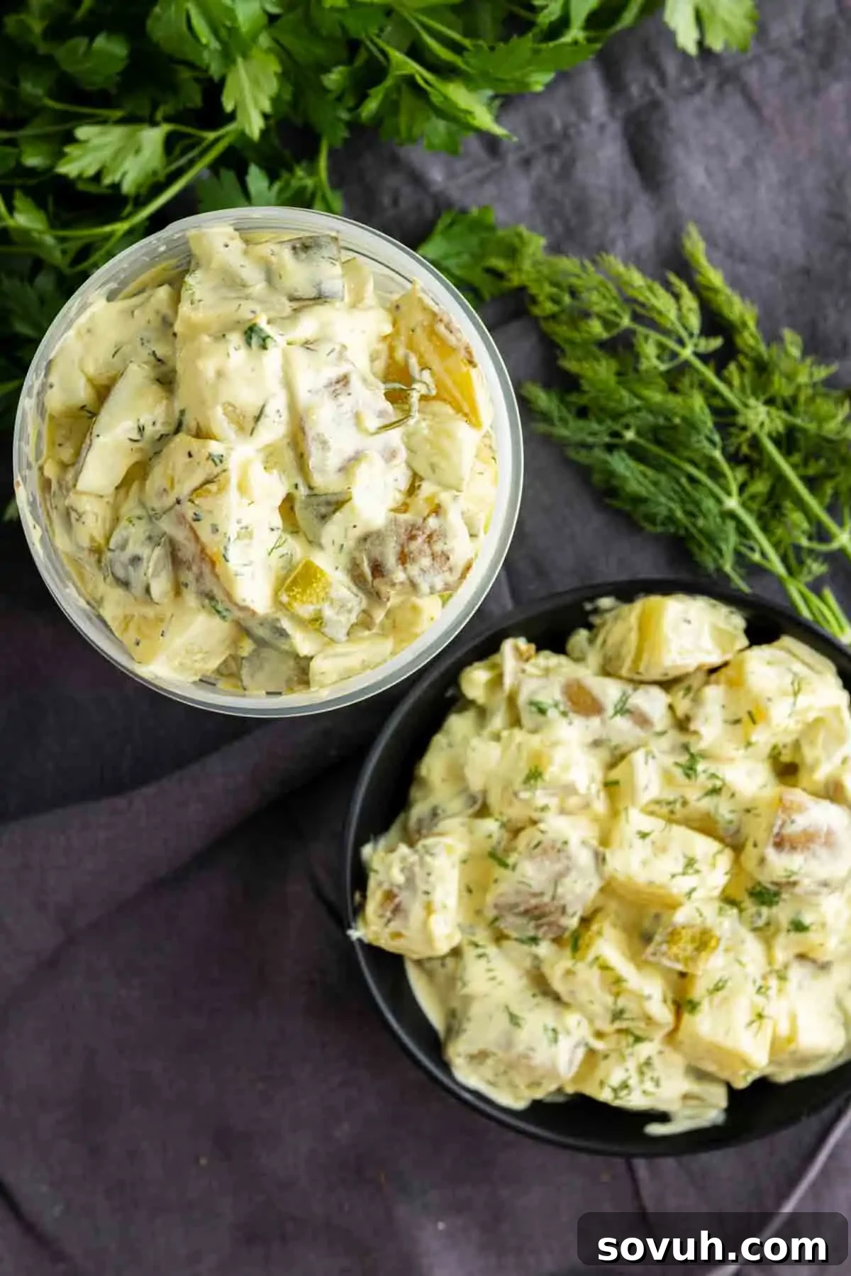 Creamy Dill Pickle Potato Salad with Tangy Dressing 7 Two servings of creamy dill pickle potato salad with herbs, one in a plastic container and one in a black bowl, placed on a dark cloth next to fresh parsley and dill. This make-ahead potato salad is perfect for any occasion.