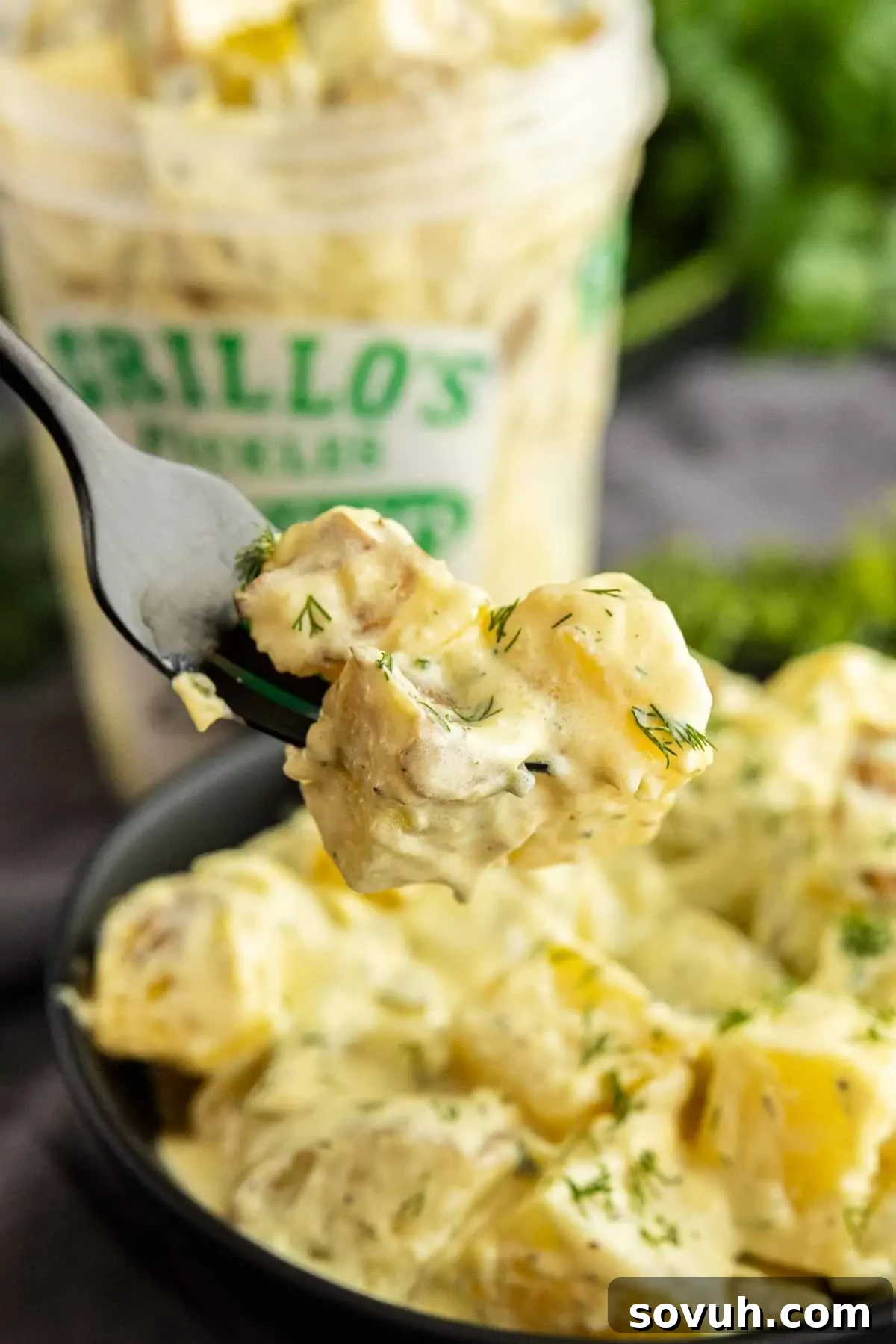 Creamy Dill Pickle Potato Salad with Tangy Dressing 8 A fork holds a bite of creamy dill pickle potato salad over a bowl, with a container of Brillo’s pickles blurred in the background.