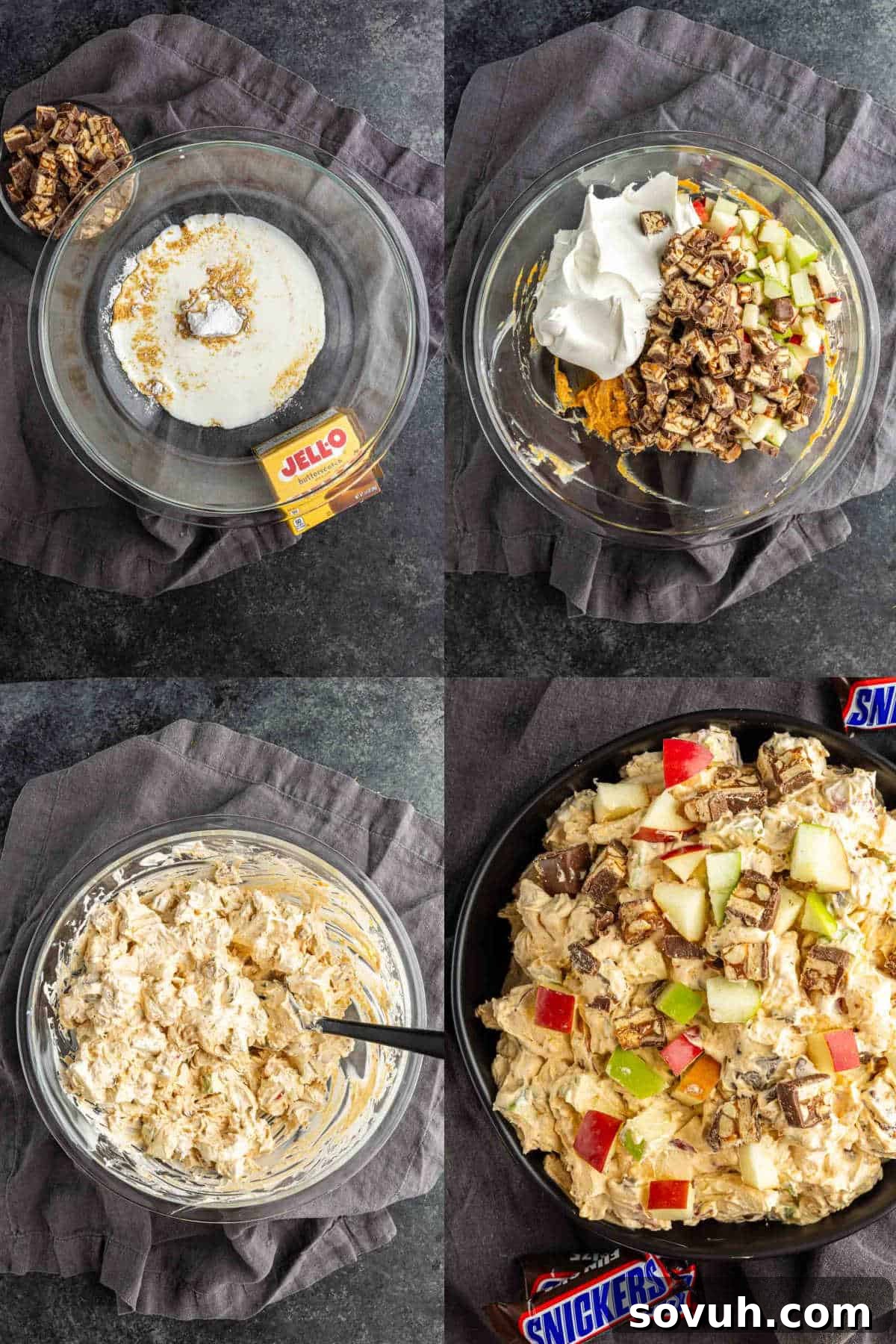 Snickers Apple Dessert Salad Recipe | Chocolate Caramel Apple Fluff 4 Four-step collage showing the preparation of easy Snickers Salad with pudding mix, whipped topping, apples, and chopped Snickers bars in a clear bowl on a dark surface.