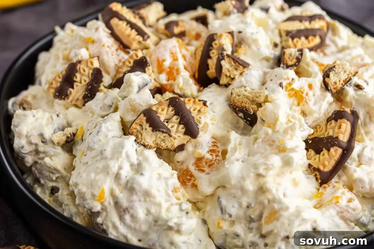 Fudge Stripe Cookie Salad Recipe: Creamy No-Bake Dessert 2 A close-up of a delicious Cookie Salad featuring whipped cream, mandarin orange slices, and pieces of chocolate-covered cookies in a black bowl.