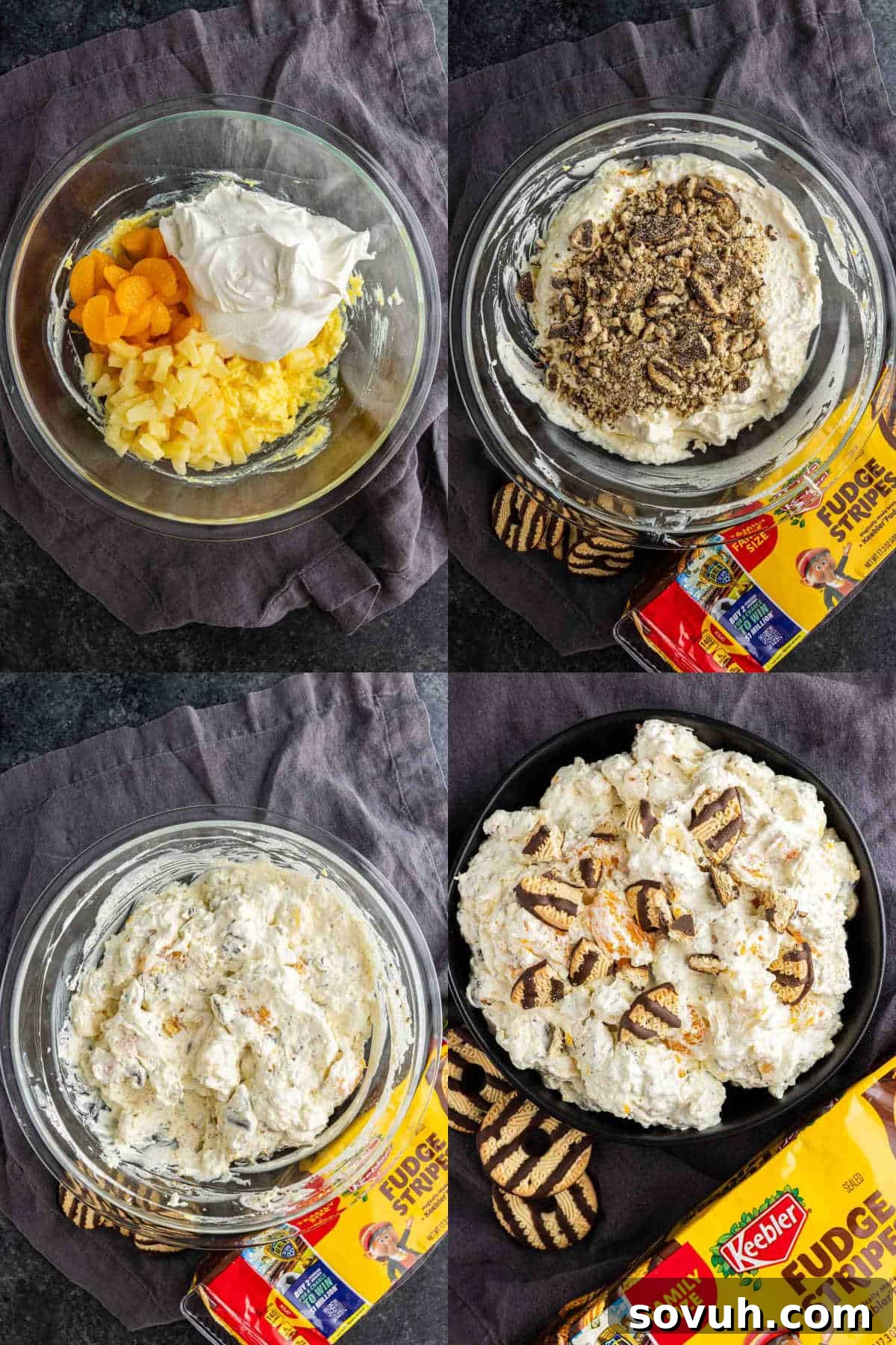 Fudge Stripe Cookie Salad Recipe: Creamy No-Bake Dessert 4 Four-step collage showing an easy Cookie Salad being made: cream, fruit, and cookies mixed in a bowl, then topped with chopped Keebler Fudge Stripes cookies.