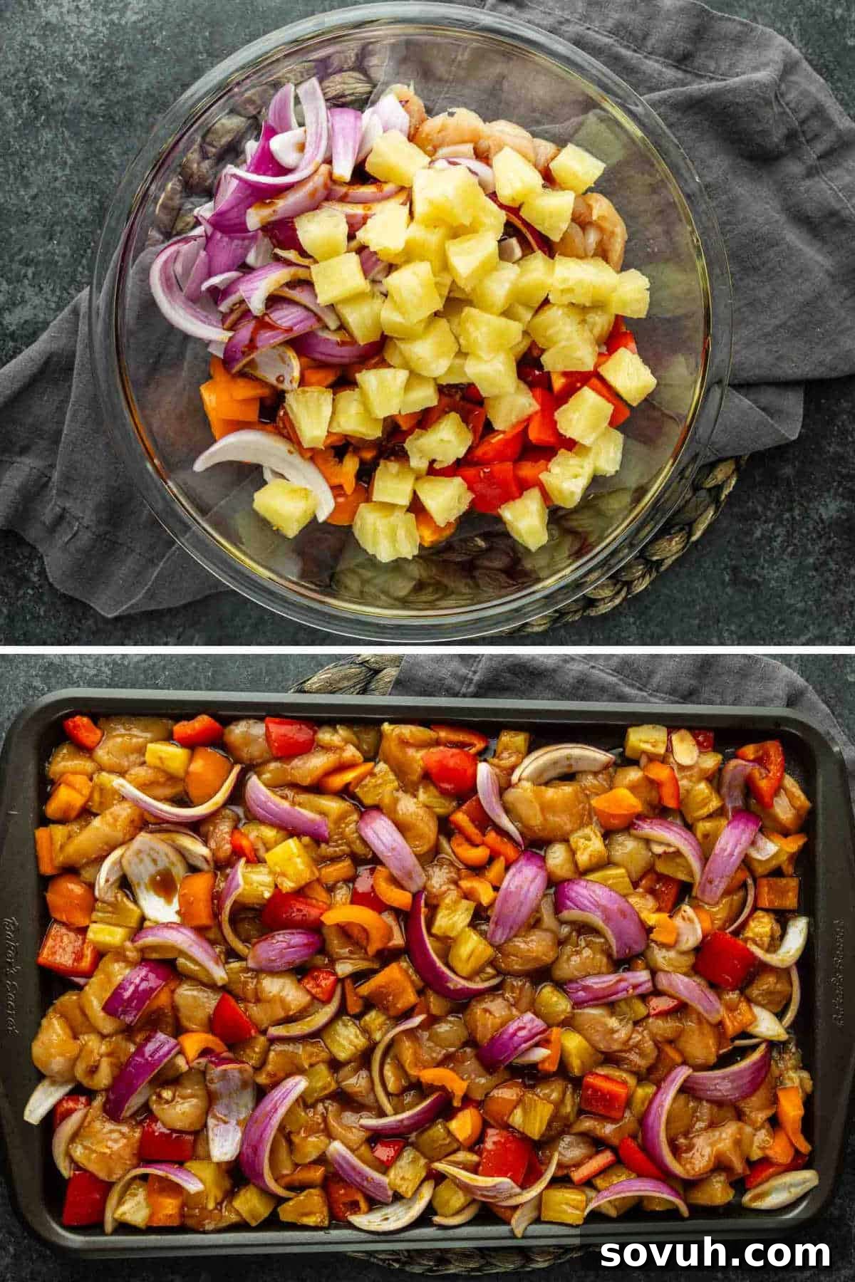 Sheet Pan Hawaiian Chicken with Pineapple and Teriyaki Glaze 4 A glass bowl with chopped pineapple, red onion, and bell pepper sits above a sheet pan filled with mixed veggies and chicken—an easy weeknight dinner featuring the irresistible flavors of one pan Hawaiian chicken.