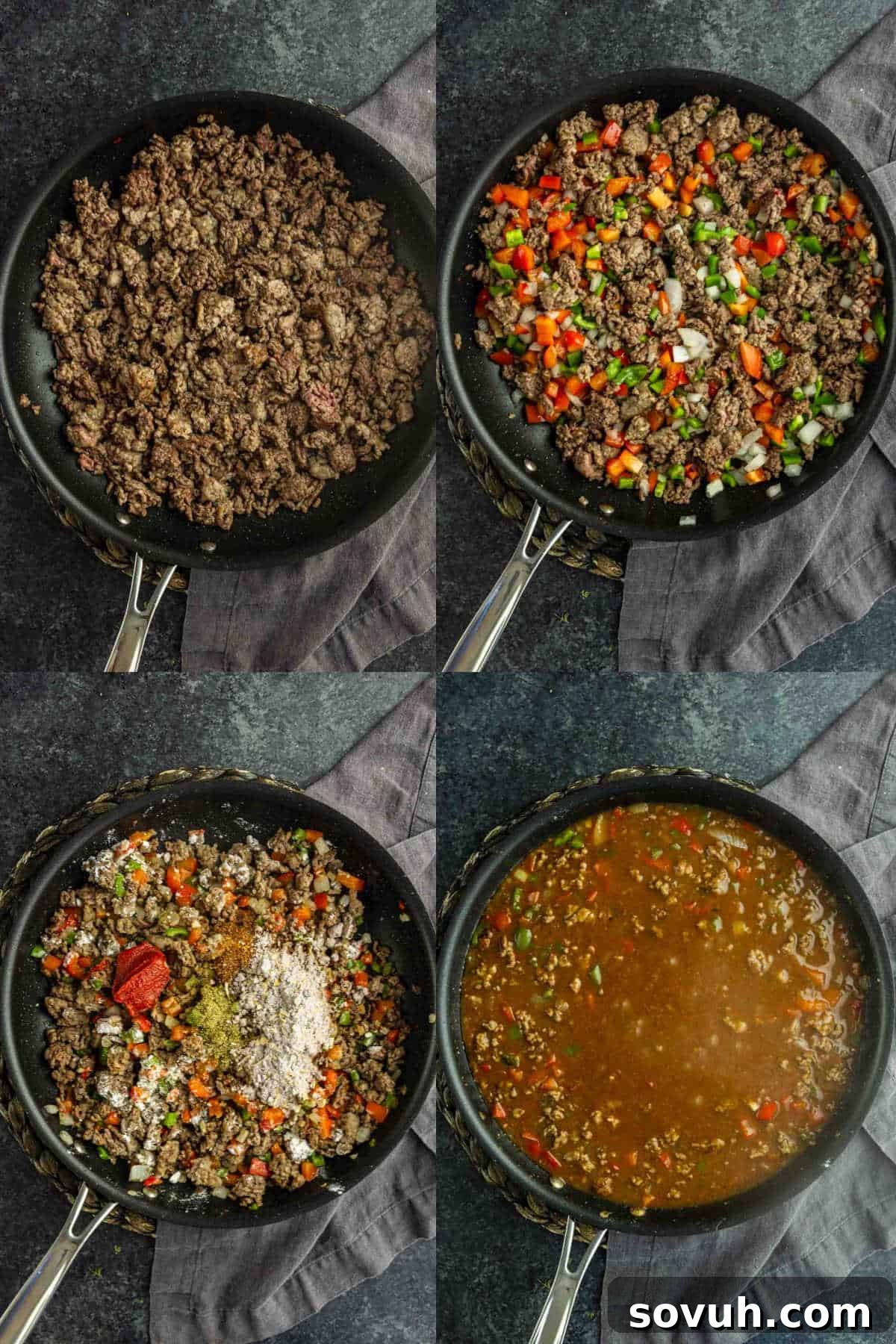 Viral Cajun Dirty Spaghetti Recipe for Dinner That Delights 4 Four images show the steps of a dirty spaghetti recipe: ground beef cooking in a pan, diced vegetables added, then spices and tomato paste stirred in, and finally everything simmering in broth.