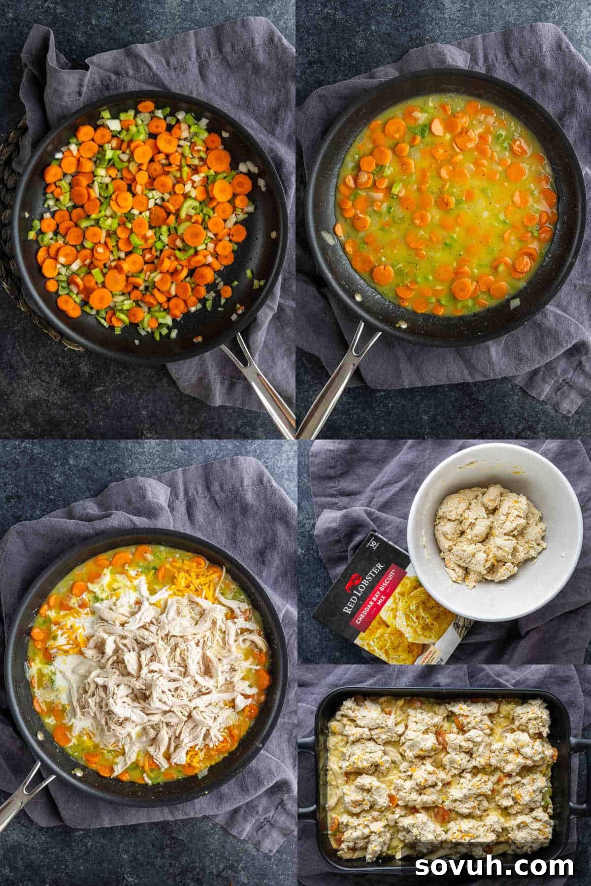 A step-by-step process of making a chicken biscuit casserole: sautéed vegetables, broth added, shredded chicken and cream mixed in, biscuit dough prepared, then placed in a baking dish for a classic Cheddar Bay Biscuit Chicken Casserole.