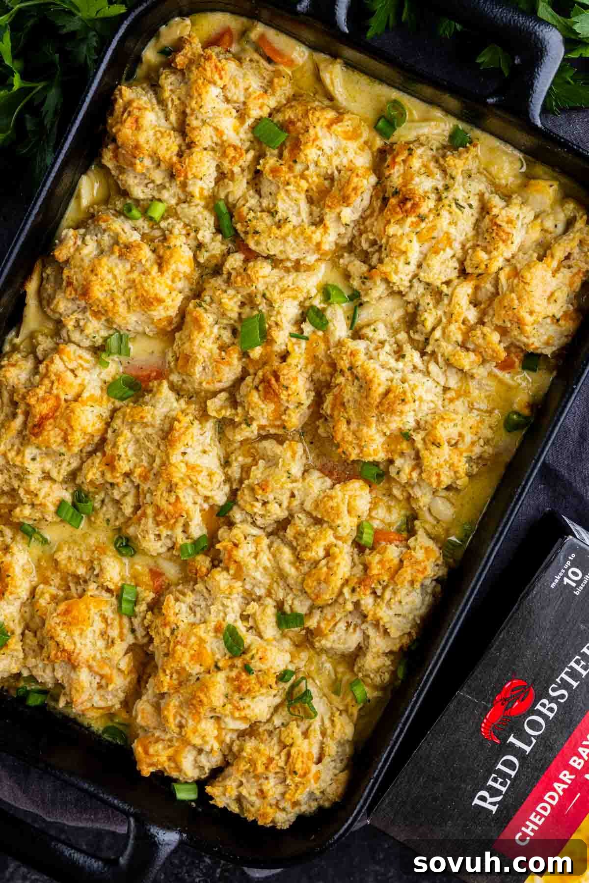 A baked Cheddar Bay Biscuit Chicken Casserole topped with golden-brown biscuit pieces and garnished with chopped green onions, served beside a box of Red Lobster Cheddar Bay Biscuit Mix.