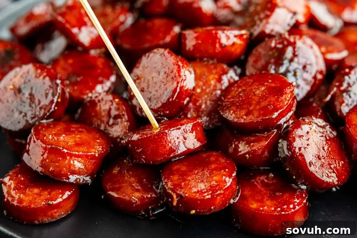Oven-Baked Brown Sugar Barbecue Kielbasa Recipe 2 A close-up of BBQ kielbasa bites stacked on a plate, glazed to perfection, with a toothpick inserted into one of the slices.