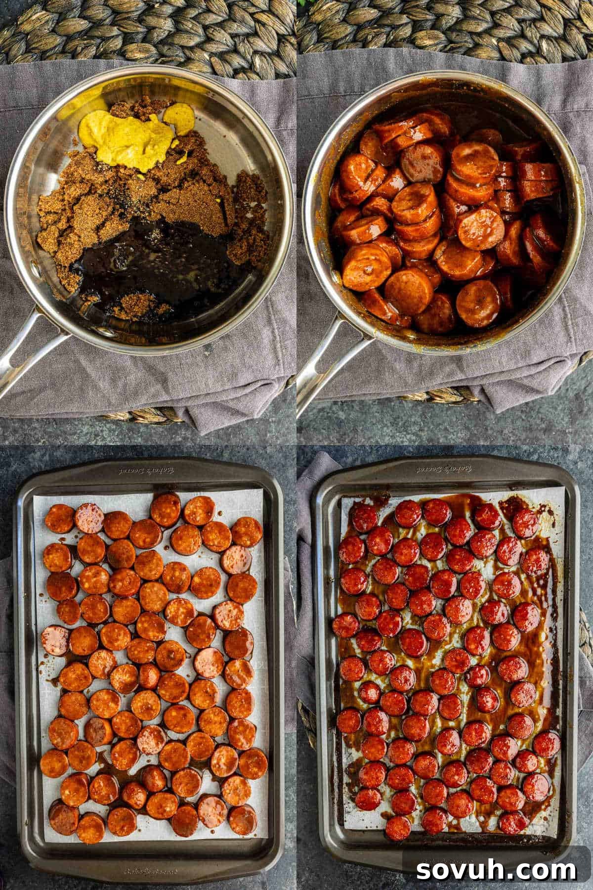 Oven-Baked Brown Sugar Barbecue Kielbasa Recipe 5 Four images show steps of a kielbasa appetizer recipe: sausage slices in brown sugar sauce in a pot, spread on a baking sheet, and finally cooked BBQ kielbasa bites evenly spaced on the tray.