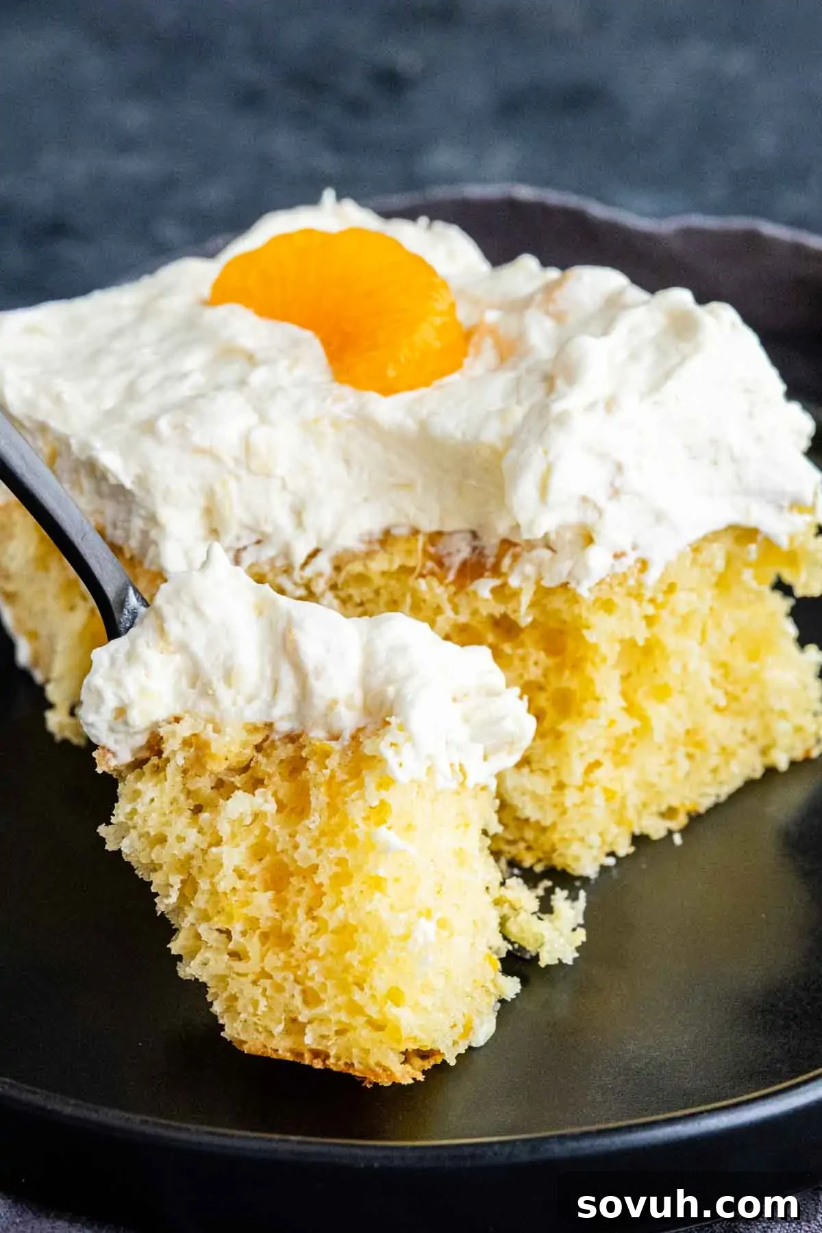 Southern Pig Pickin’ Cake with Mandarin Orange Glaze Recipe 6 A slice of Pig Pickin’ Cake—a classic Southern dessert—topped with whipped cream and a mandarin orange segment, served on a black plate with a fork holding a bite.