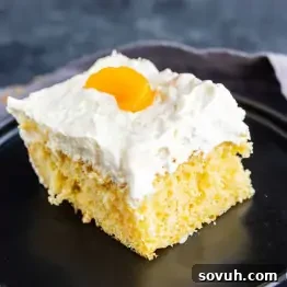 Southern Pig Pickin’ Cake with Mandarin Orange Glaze Recipe 7 A square piece of mandarin orange cake with white whipped frosting, topped with a mandarin orange slice, on a black plate.