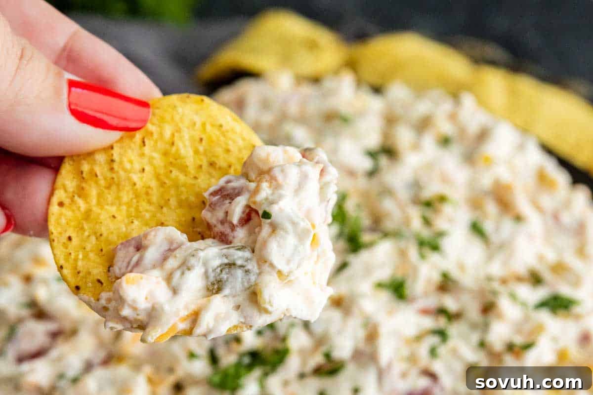 How to Make the Viral Boat Dip Everyone Loves 2 A hand with red nail polish holds a tortilla chip topped with creamy Rotel ranch dip packed with herbs and chopped vegetables.