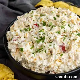 A black bowl filled with creamy cold corn dip containing chopped tomatoes and herbs, garnished with parsley, surrounded by tortilla chips.