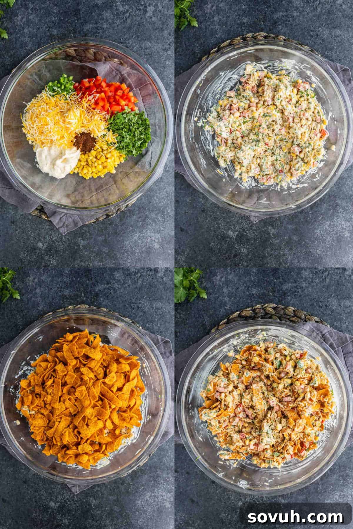 Frito Salad Recipe: Chili Cheese Corn Salad 4 Four-panel image showing the steps of making a Chili Cheese Frito Salad: mixing ingredients in a bowl, combining them, adding corn chips, and tossing everything together.